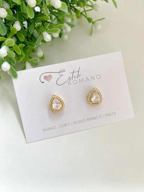 Brinco Gota Zircônia Cristal Cravejada 13mm - Banhado a Ouro