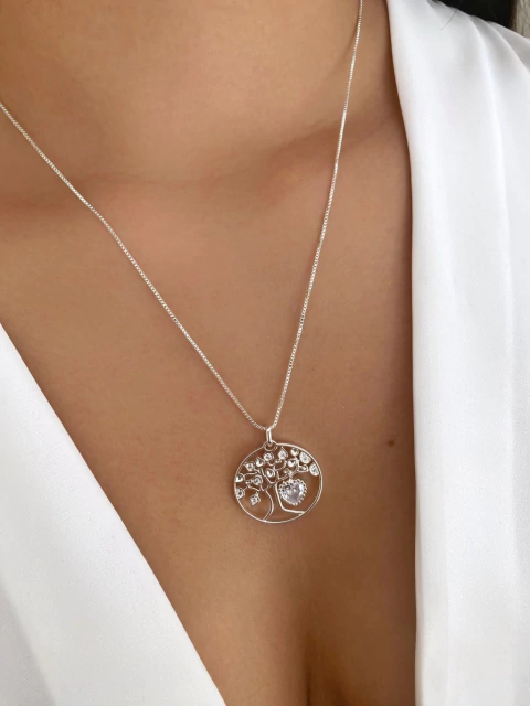 Colar Árvore da Vida Vazada Cravejada- Banhado a Prata