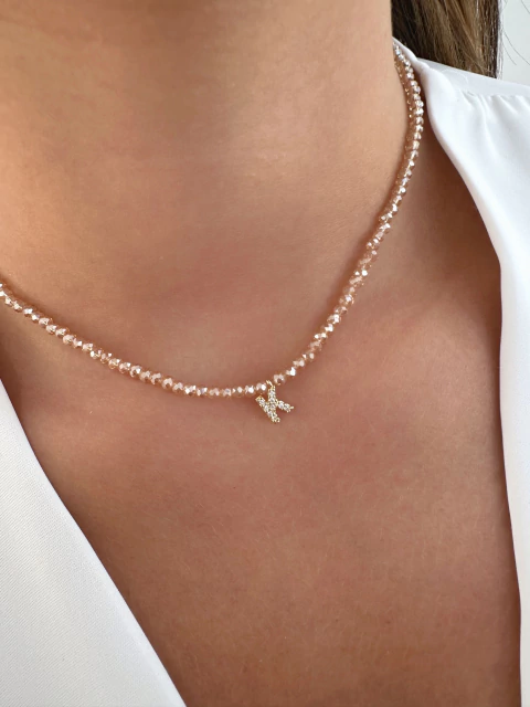 Choker Cristais Naturais Doce de Leite Letra K - Banhado a Ouro