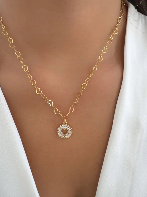 Colar Mandala Cravejada Coração com Corrente Elos Coração - Banhado a Ouro