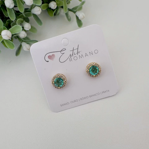 Brinco Zircônia Verde Água com Micro Zircônias - Banhado a Ouro
