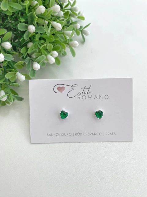 Brinco Coração Zircônia Verde 7mm - Banhado a Prata