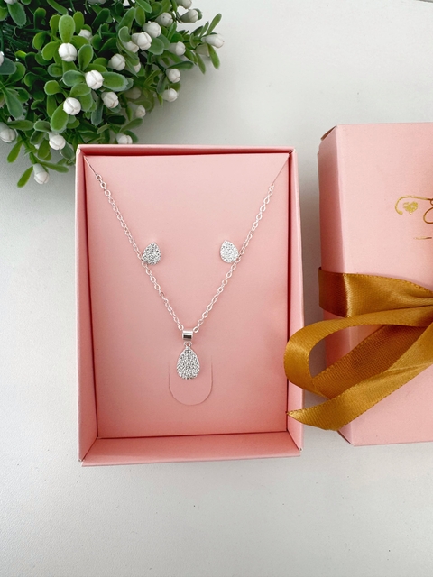 Conjunto Gota Zircônias Cristais - Banhado a Prata