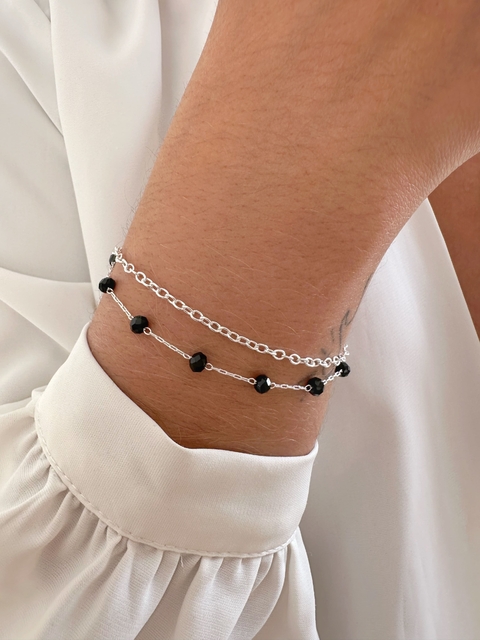 Pulseira Dupla Elos e Bolinhas Pretas - Banhado a Prata
