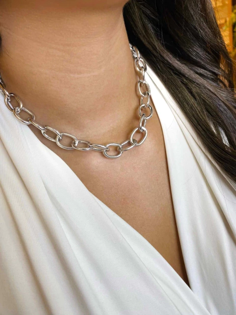 Choker Elos Cadeado - Banhado a Ródio Branco