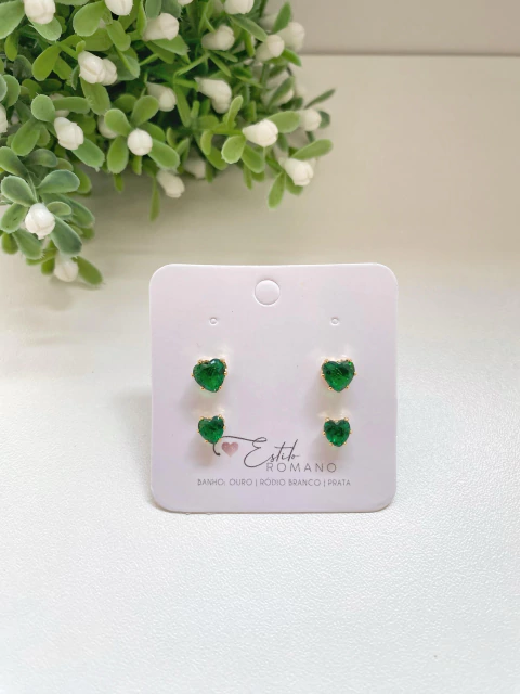 Kit Brincos Coração Zircônia Verde - Banhado a Ouro