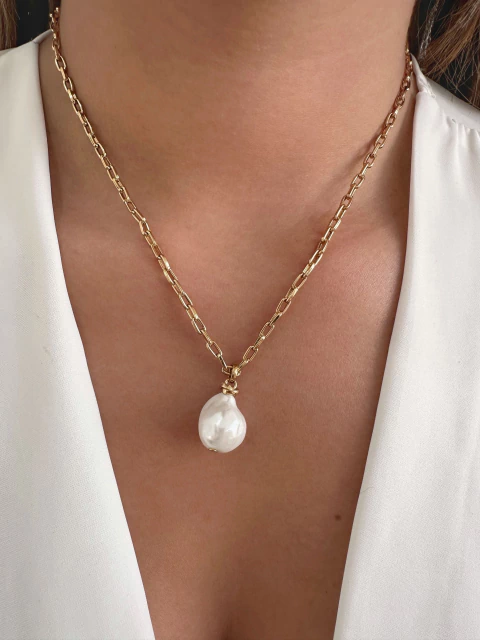 Colar Pérola Orgânica 19mm - Banhado a Ouro