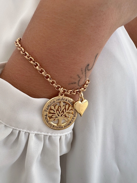 Pulseira Elo Português com Árvore da Vida e Coração - Banhado a Ouro