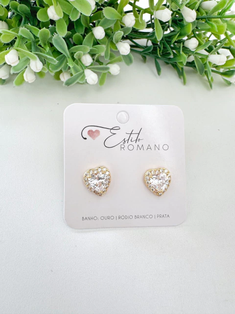 Brinco Coração Zircônia Cristal com Microzircônias Banhado a Ouro