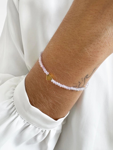 Pulseira Cristais Naturais Lilás e Coração Banhado a Ouro