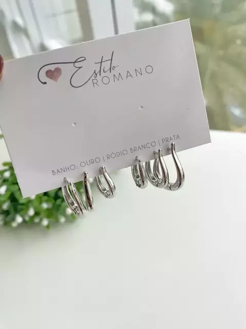 Kit Trio Argolinhas Gota - Banhado a Ródio Branco