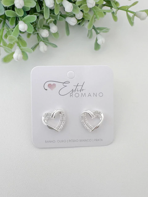 Brinco Coração Duplo Cravejado - Banhado a Prata
