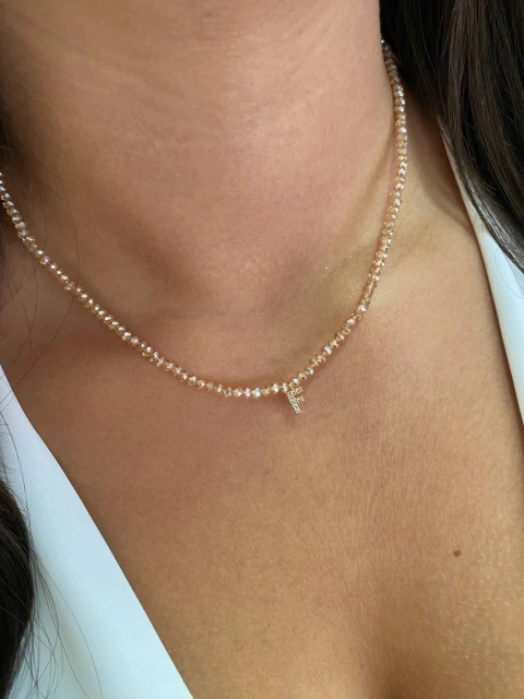 Choker Cristais Naturais Doce de Leite Letra F - Banhado a Ouro