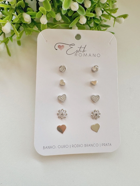 Kit 5 Brincos - Banhado a Ródio Branco