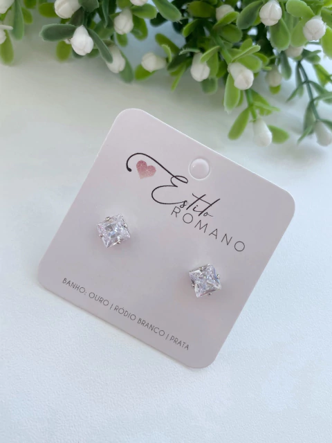 Brinco Zircônia Cristal Quadrada 7mm - Banhado a Ródio Branco