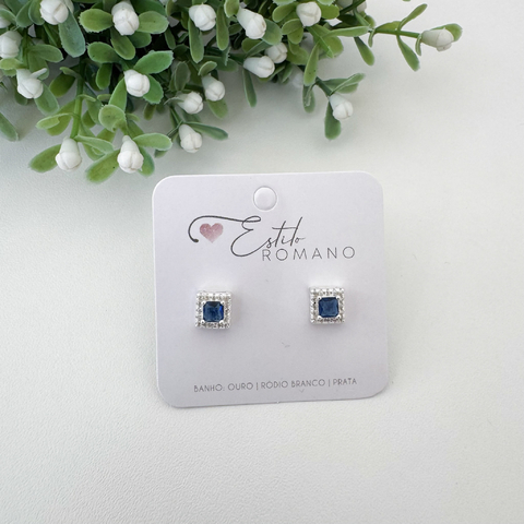 Brinco Quadrado Zircônia Azul com Micro Zircônias - Banhado a Prata