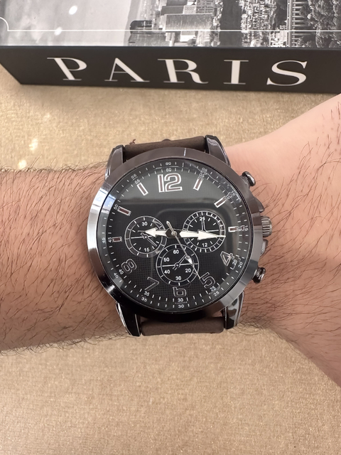 Relógio Redondo Grafite Pulseira de Couro Marrom - Mostrador Preto - Aço Inoxidável