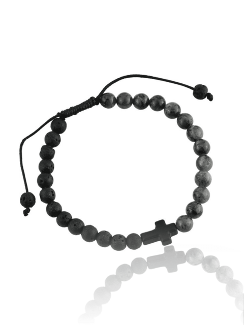 Pulseira Masculina Ágata Preta e Vulcânica com Pingente Cruz