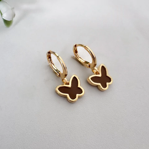 Brinco Argolinha Borboleta Marrom - Banhado a Ouro