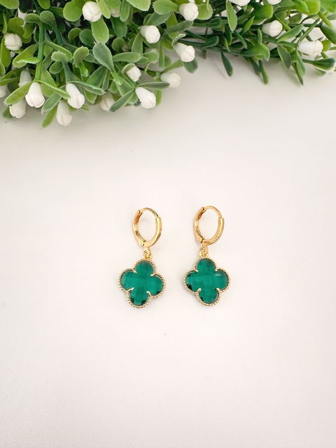 Brinco Argolinha Trevo Verde Grande Banhado a Ouro