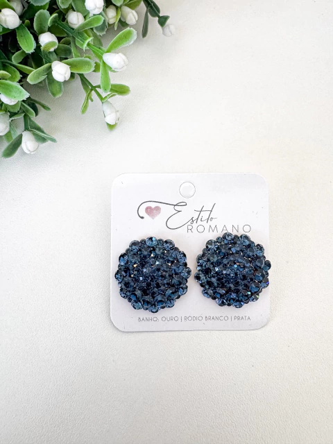 Brinco Botão Cristais Azuis 23mm - Banhado a Ouro