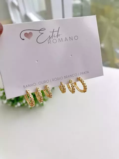 Kit Trio Argolinhas Cravejadas Arredondadas - Banhado a Ouro