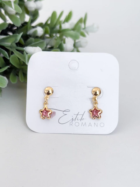 Brinco Estrela Rosa Pendente - Banhado a Ouro