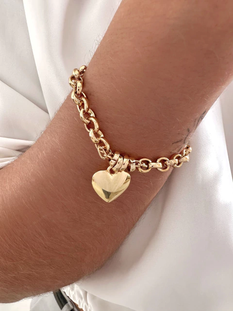 Pulseira Elo Português com Coração - Banhado a Ouro