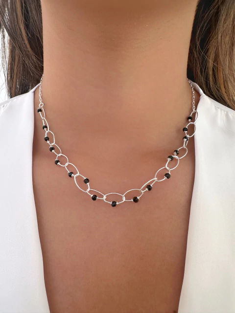 Choker Elos com Zircônias Pretas - Banhado a Prata