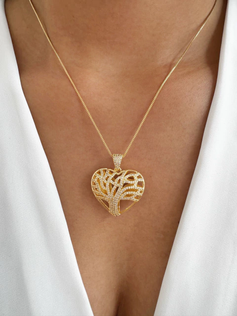 Colar Árvore da Vida Cravejada Cristal - Banhado a Ouro