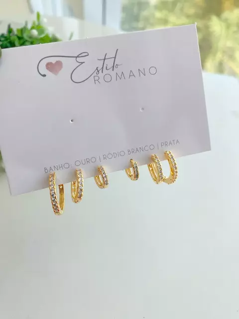 Kit Trio Argolinhas Cravejadas - Banhado a Ouro