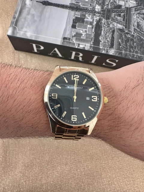 Relógio Redondo Mostrador Preto - Aço Inoxidável (Dourado)