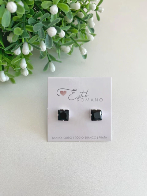 Brinco Zircônia Preta Quadrada - Banhado a Prata