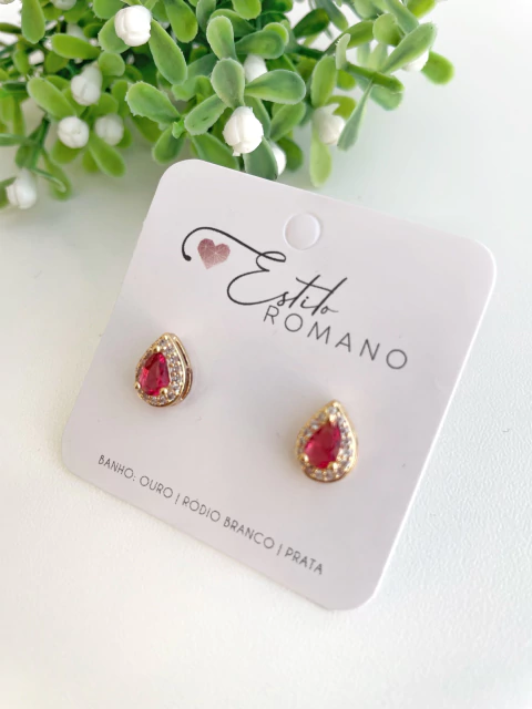 Brinco Gota Zircônia Rosa Cravejada 10mm - Banhado a Ouro