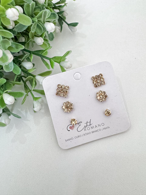 Kit Brincos Cristais Rose - Banhada a Ouro