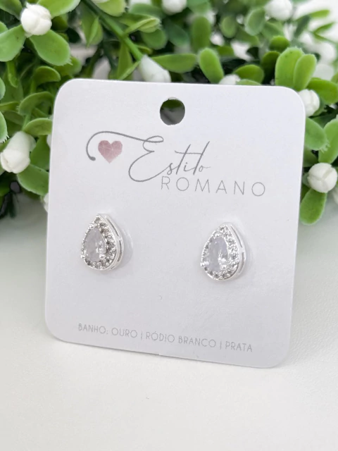 Brinco Gota Zircônia Cristal Cravejada 10mm - Banhado a Prata