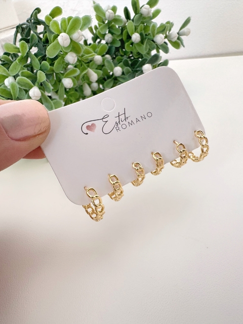 Kit Trio Argolinhas Elos Vazados - Banhado a Ouro