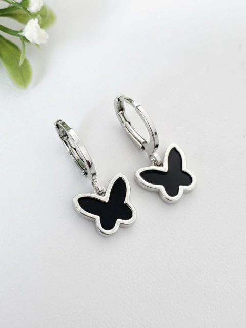 Brinco Argolinha Borboleta Preta - Banhado a Prata