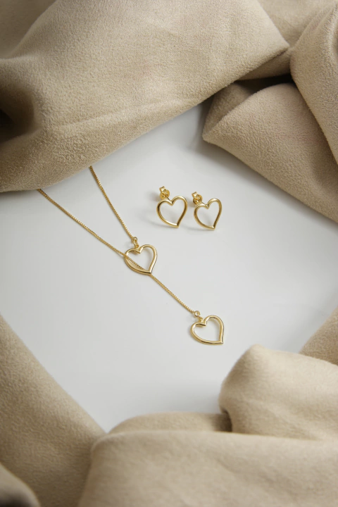 Conjunto Coração Vazado - Banhado a Ouro