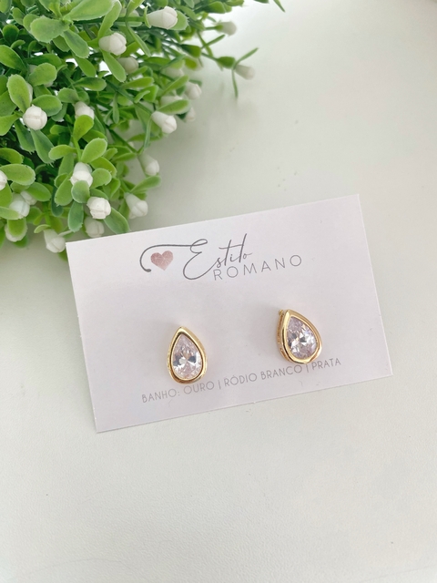 Brinco Gota Zircônia Cristal 15mm - Banhado a Ouro