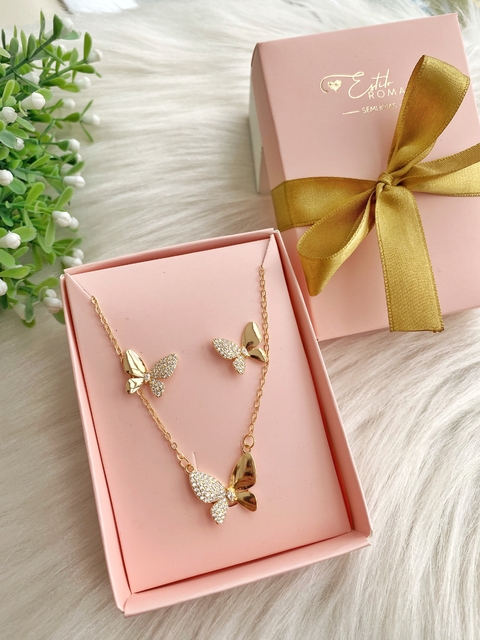 Conjunto Borboleta Cravejada - Banhado a Ouro