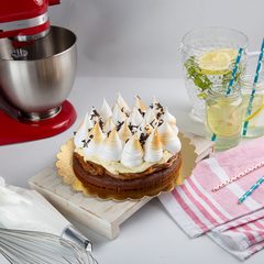 Brownie c/dulce de leche, crema de cítricos y merengue