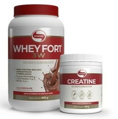 Kit Whey Fort 3W Pote 900g Sabores + Creatina Vitafor 300g