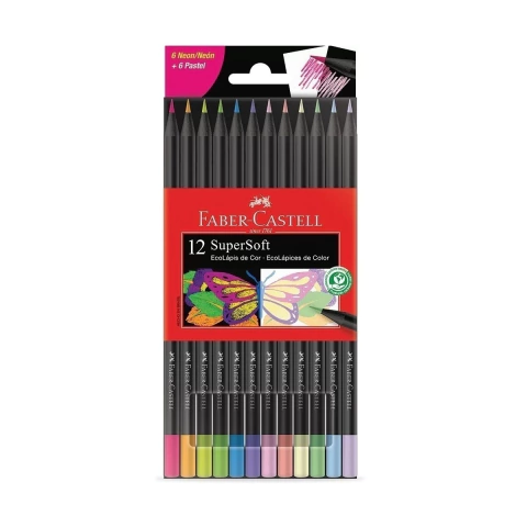 LAPICES DE COLORES FABER CASTELL SUPER SOFT X 6 NEON + 6 PASTEL (210732)