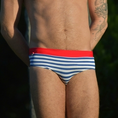 Sunga CLASSIC Bleu Blanc Rouge em listras azuis e brancas com cós vermelho