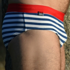 Sunga CLASSIC Bleu Blanc Rouge em listras azuis e brancas com cós vermelho - EXODIA RIO BEACHWEAR