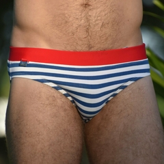 Sunga SLIM bleu blanc rouge em listras azuis em brancas com cós vermelho na internet