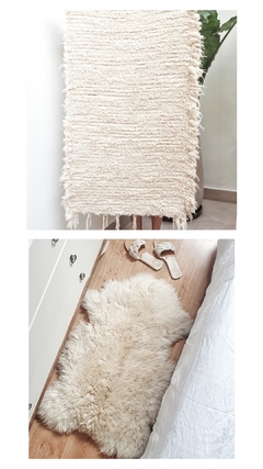 Combo de alfombra lisa de algodón y corderito en color beige, mostrando la textura suave y acogedora de ambos productos.