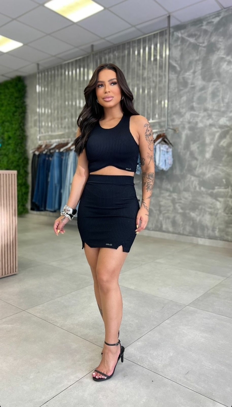 Conjunto Saia e Blusinha cropped manga curta Sal e Pimenta