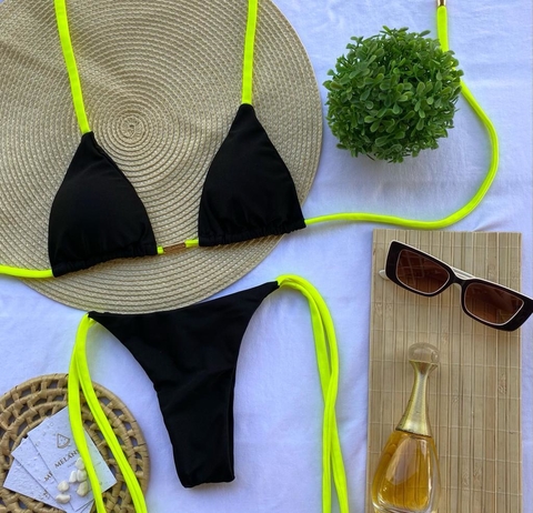 Biquíni Cortininha- Preto com Amarelo Neon